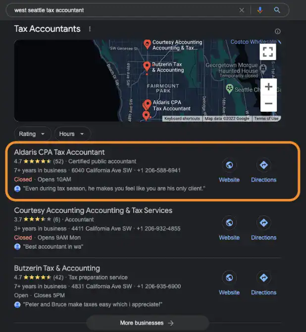 screenshot of logic inbound accountant client ranking first in google business listings
