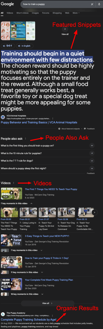 Annotated SERP screenshot with SEO-rich elements labeled: Featured Snippet, People Also Ask, Organic result #1, etc