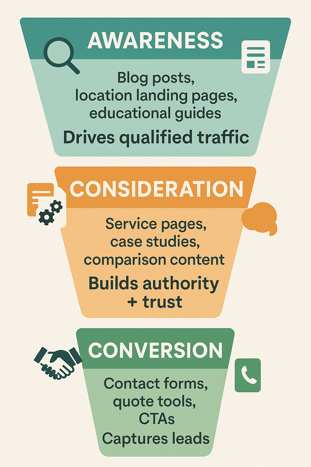 Funnel visual with SEO building authority and rankings at each stage