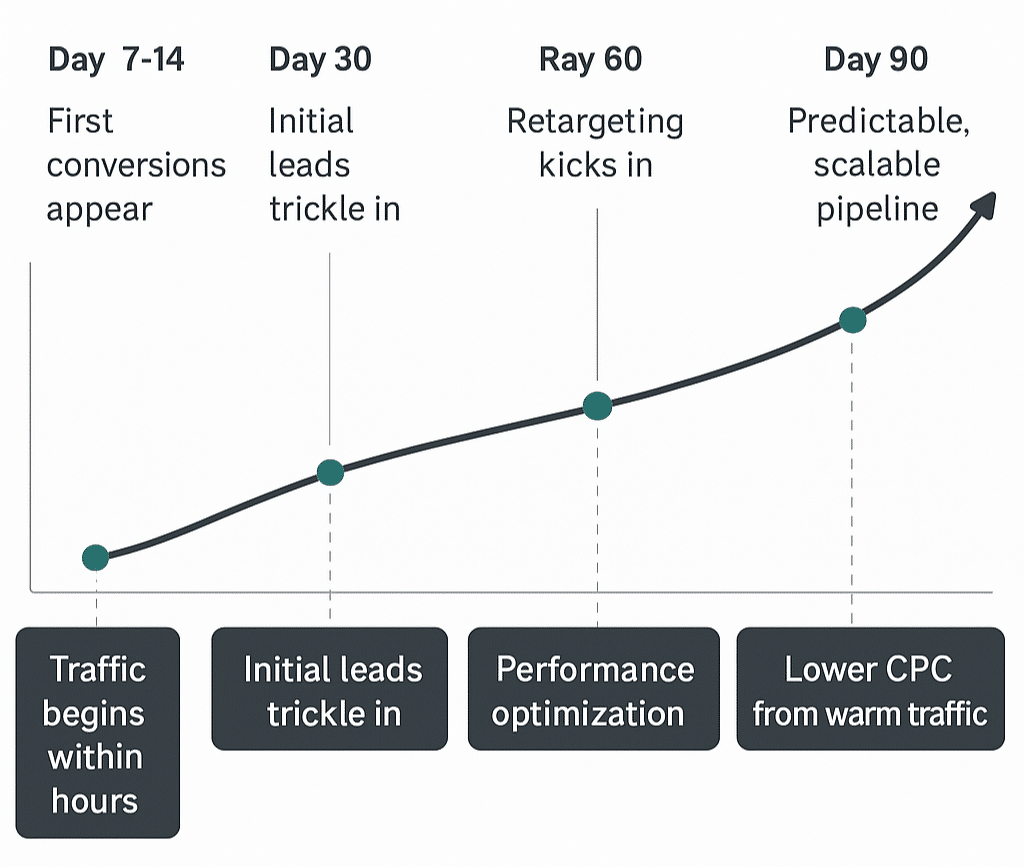Timeline showing lead flow from Day 1 to Day 90 with Google Ads