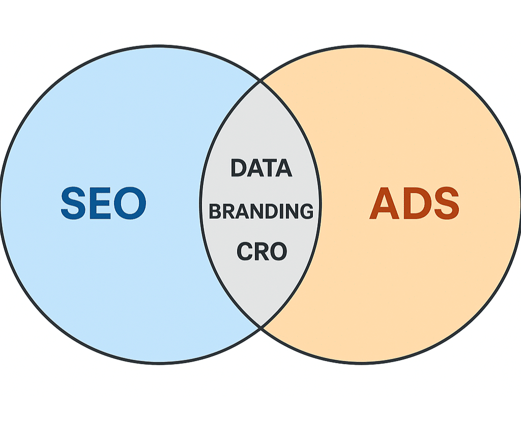 Venn diagram of SEO + Ads with overlaps: Data, Branding, CRO