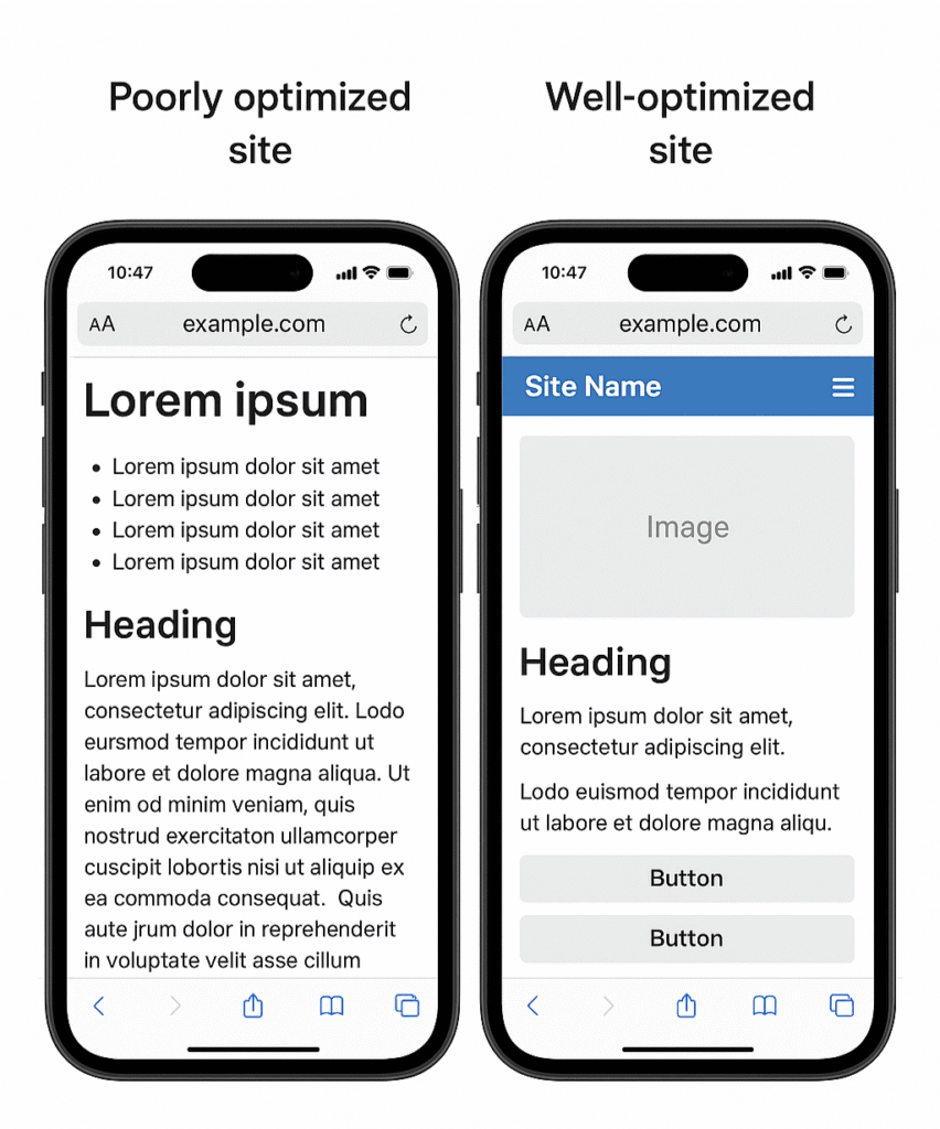 Mobile screenshot of a poorly vs. well-optimized site