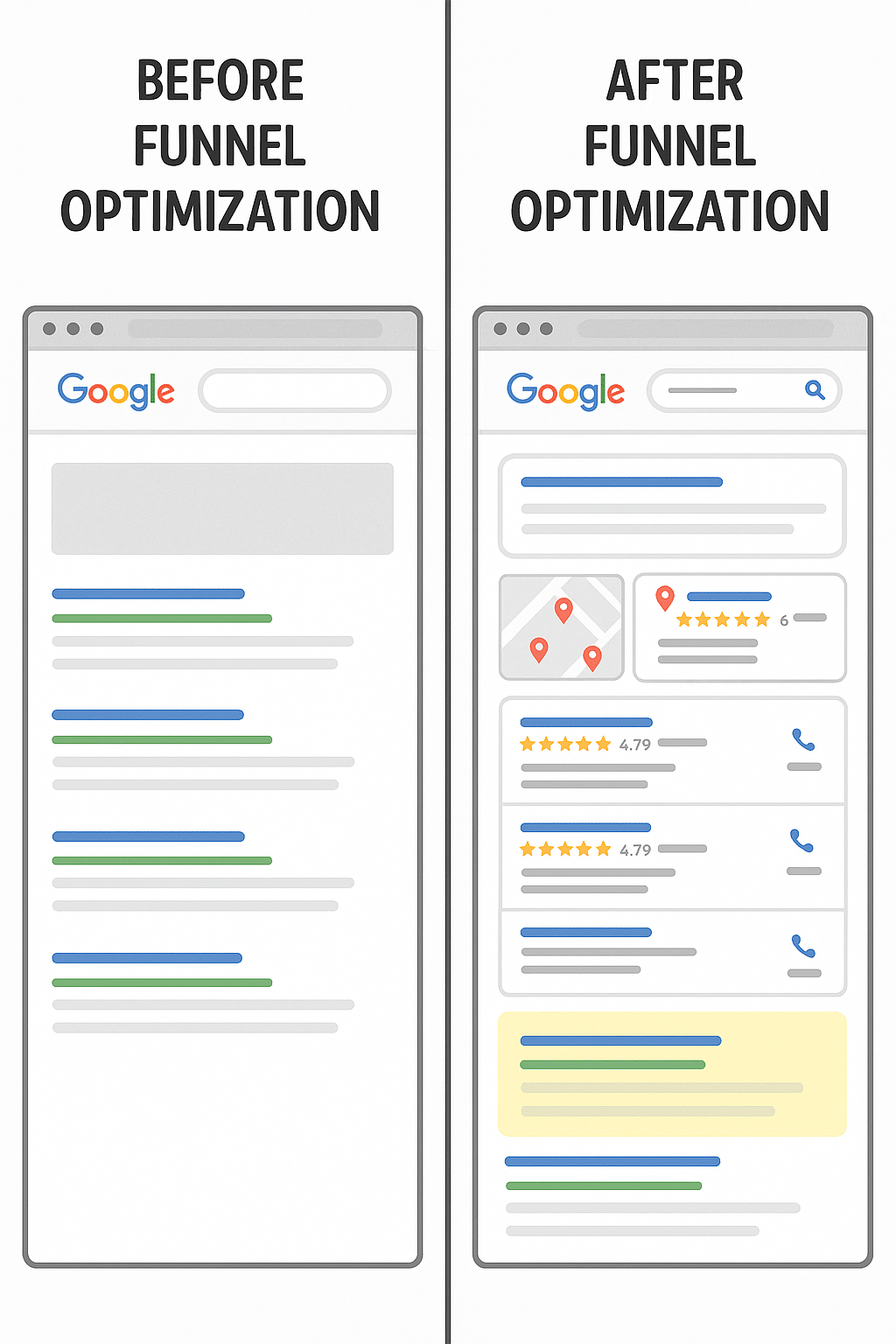 Before/after SERP collage and Map-Pack screenshot