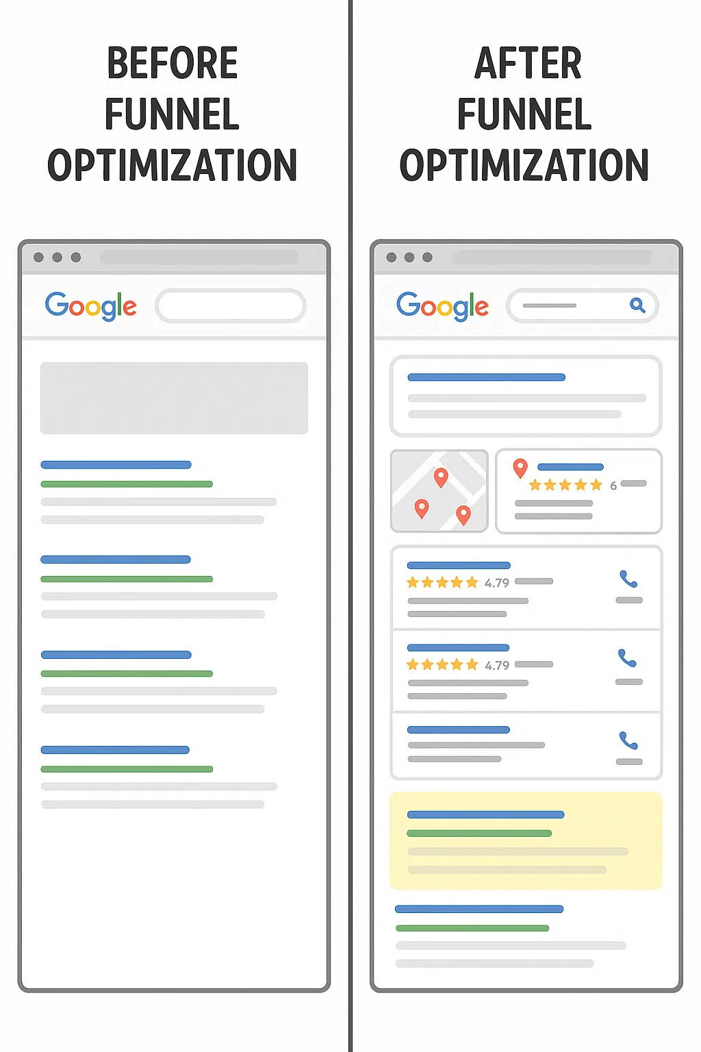 Before/after SERP collage and Map-Pack screenshot