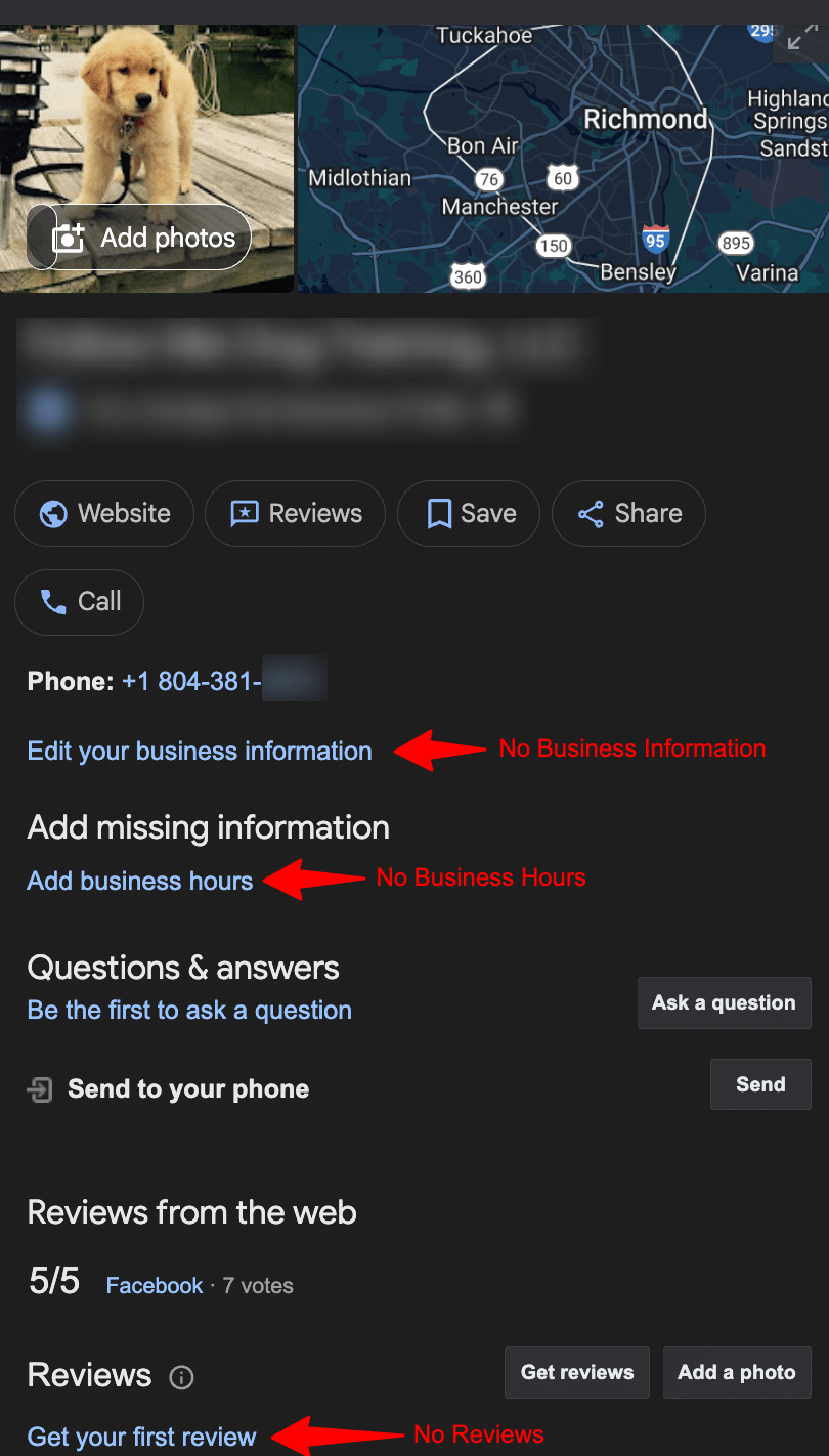 Screenshot of an unoptimized Google Business Profile