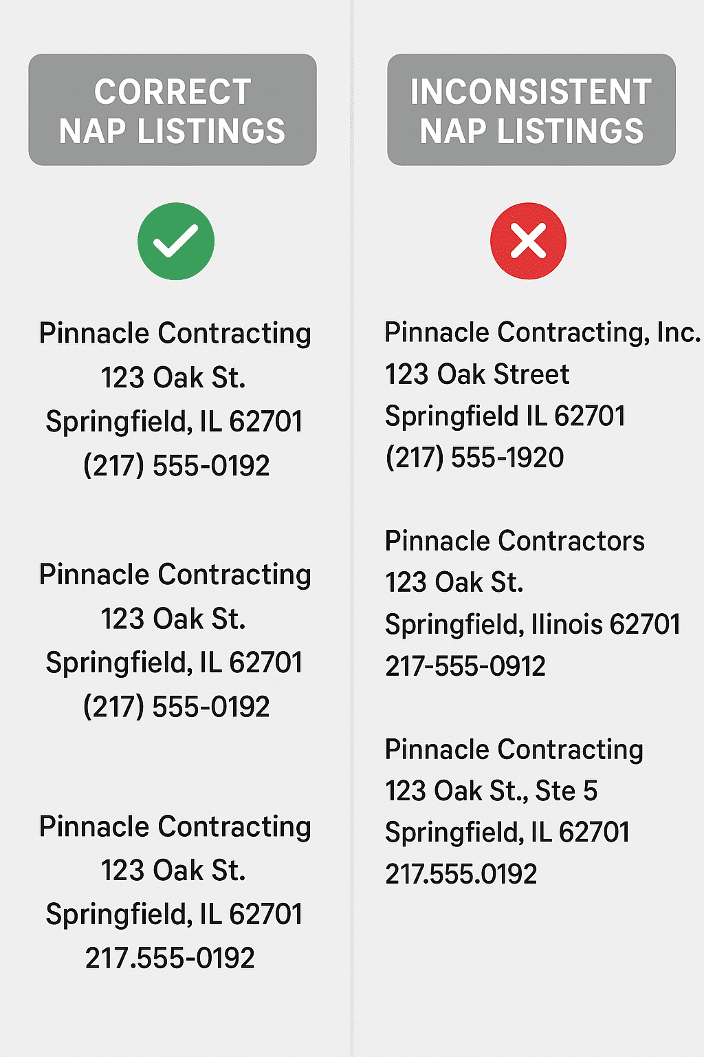 Side-by-side comparison of correct vs. inconsistent NAP listings