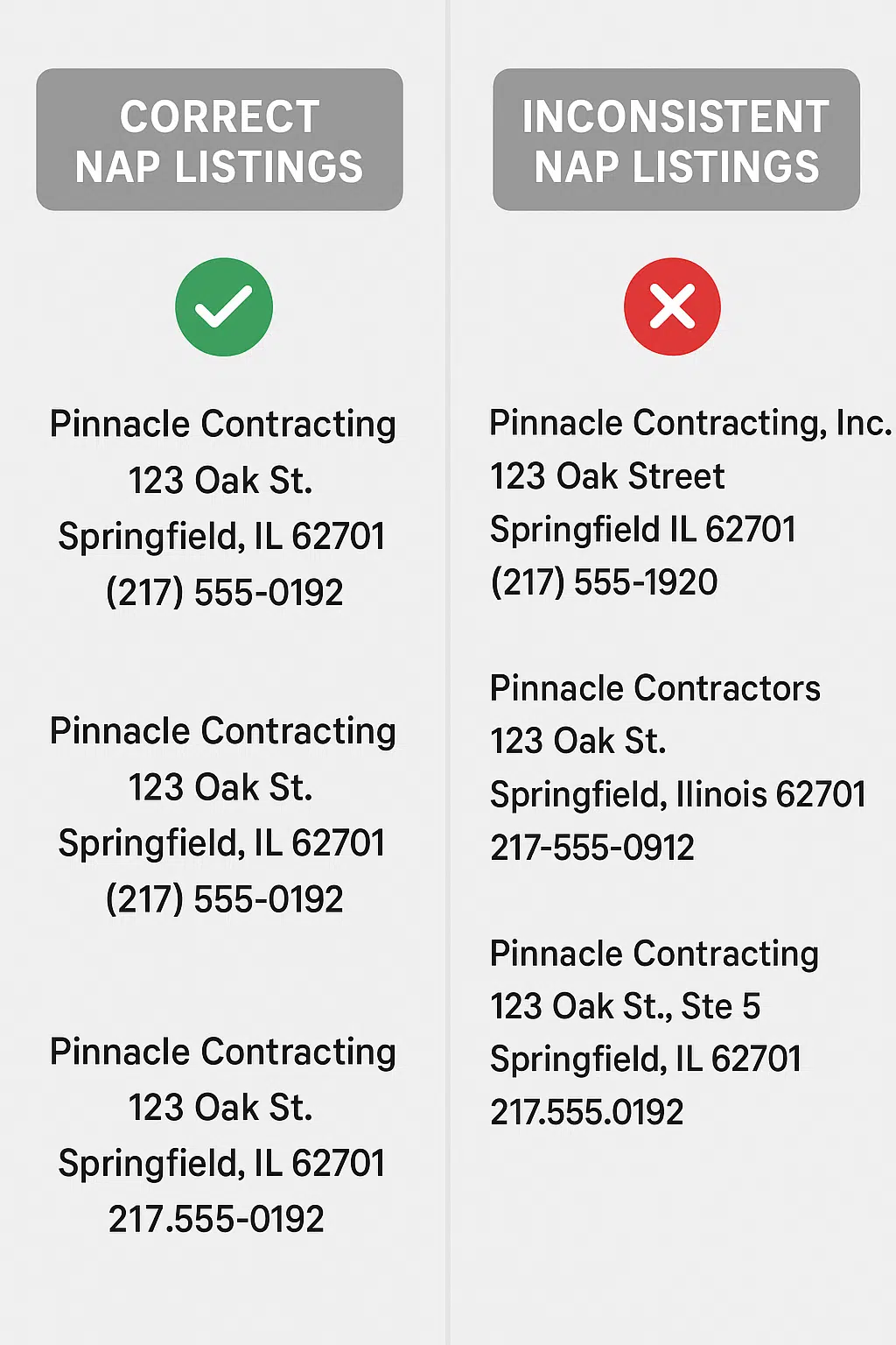 Side-by-side comparison of correct vs. inconsistent NAP listings