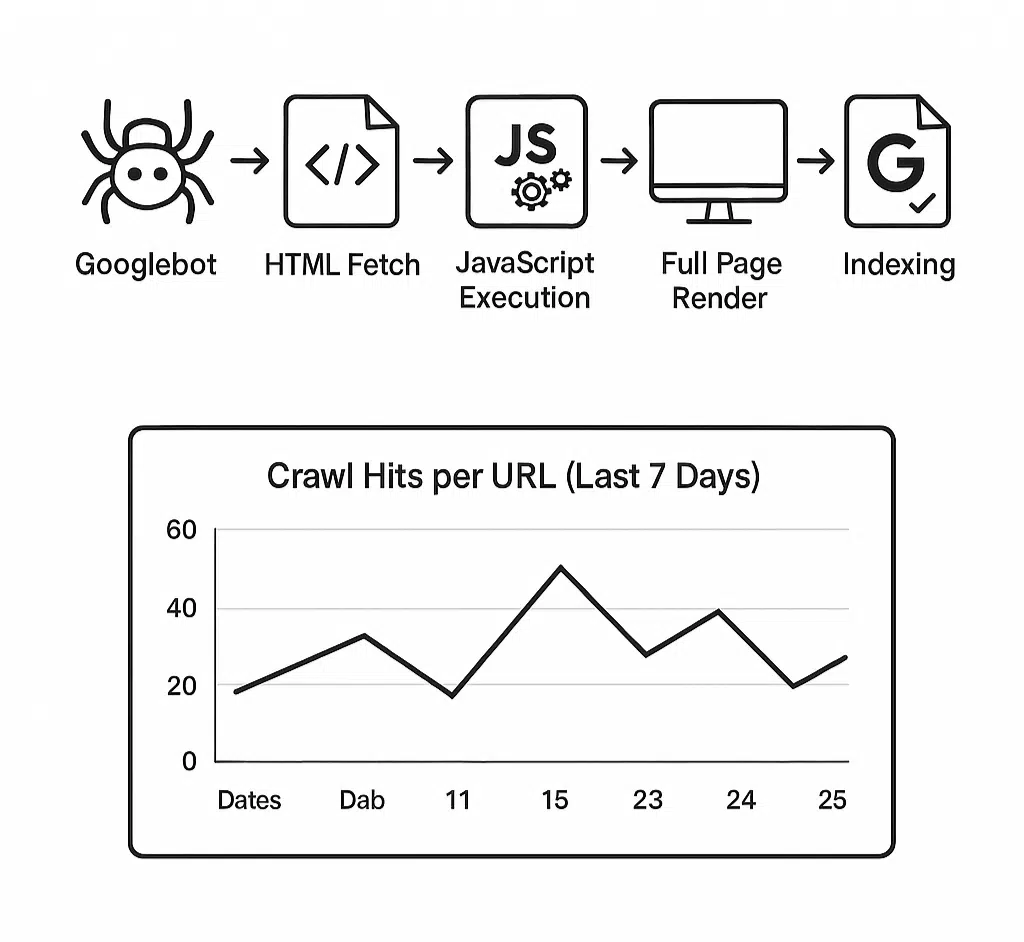 Flow diagram of crawl → render process plus small log-chart snippet