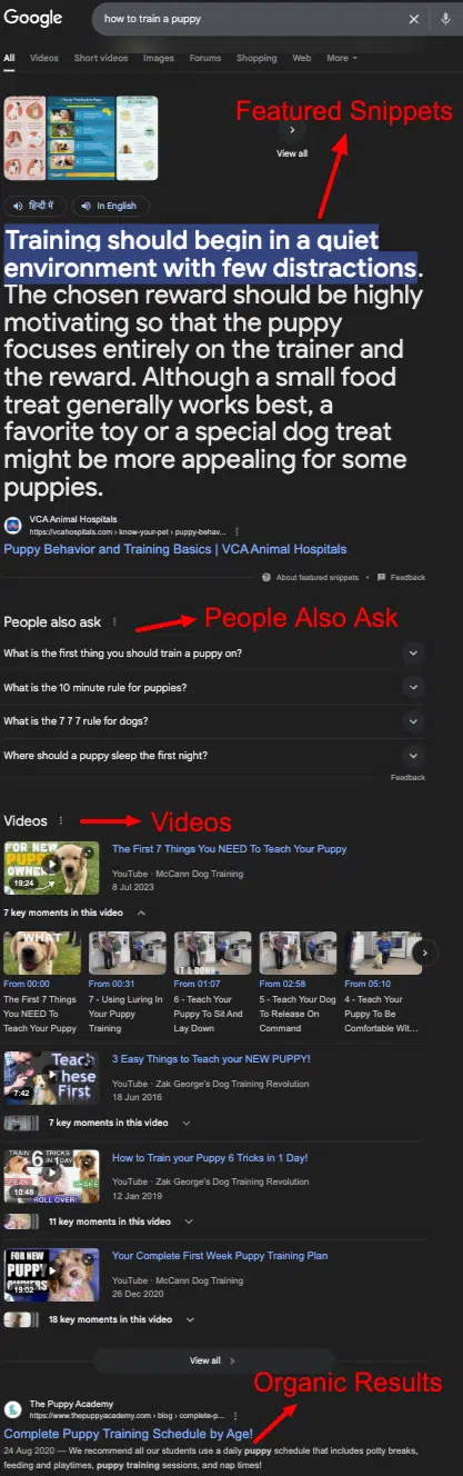 Annotated SERP screenshot with SEO-rich elements labeled: Featured Snippet, People Also Ask, Organic result #1, etc