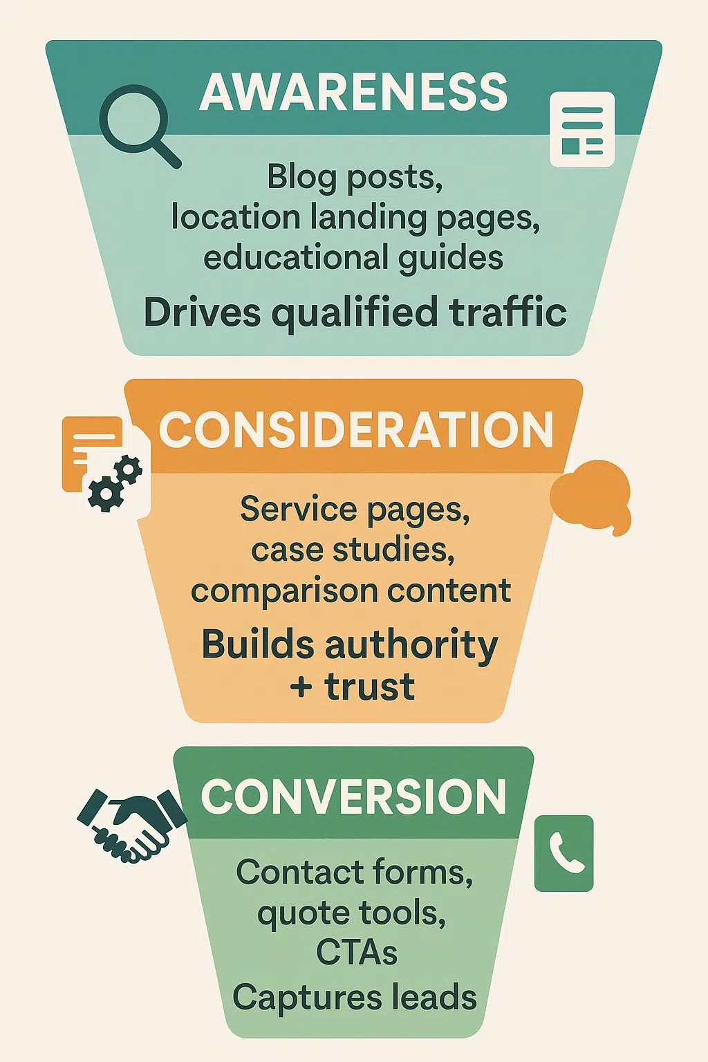 Funnel visual with SEO building authority and rankings at each stage