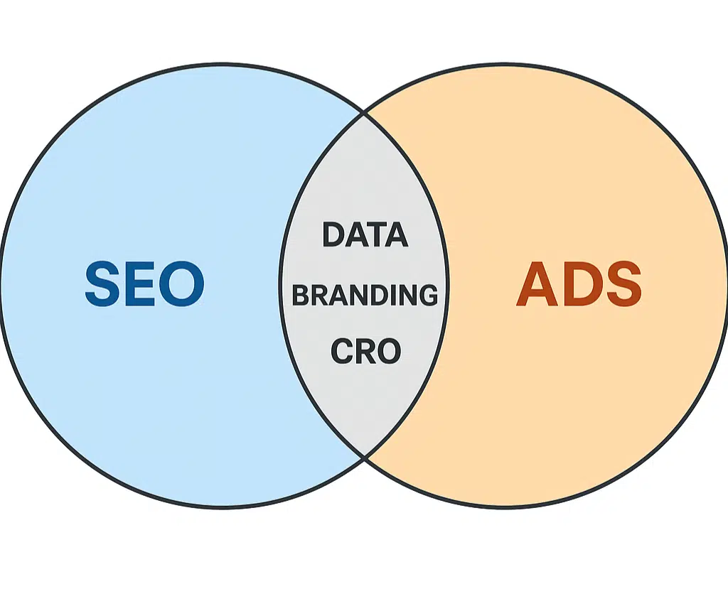 Venn diagram of SEO + Ads with overlaps: Data, Branding, CRO